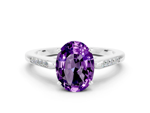 Silver Oval Cut Amethyst Solitaire Ring with Channel Set Round Band and Prong Setting