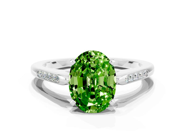 Platinum Oval Cut Peridot Solitaire Ring with Channel Set Round Band and Prong Setting