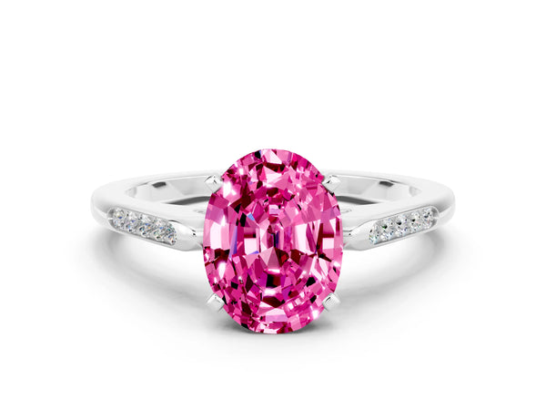 Silver Oval Cut Pink Sapphire Solitaire Ring with Channel Set Round Band and Prong Setting