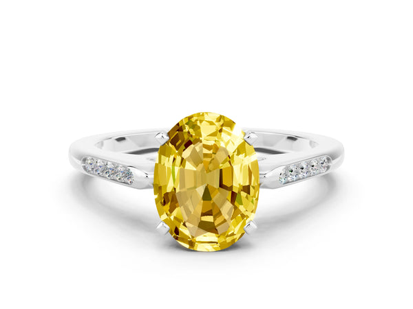 Silver Oval Cut Yellow Sapphire Solitaire Ring with Channel Set Round Band and Prong Setting