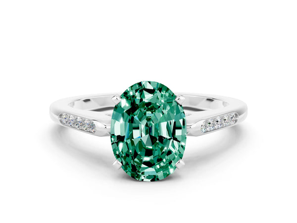 Platinum Oval Cut Green Sapphire Solitaire Ring with Channel Set Round Band and Prong Setting