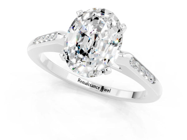 Platinum Oval Cut Moissanite Solitaire Ring with Channel Set Round Band and Prong Setting