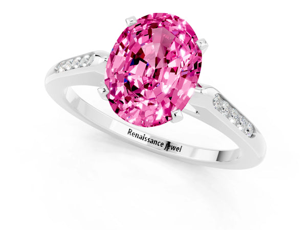 Silver Oval Cut Pink Sapphire Solitaire Ring with Channel Set Round Band and Prong Setting