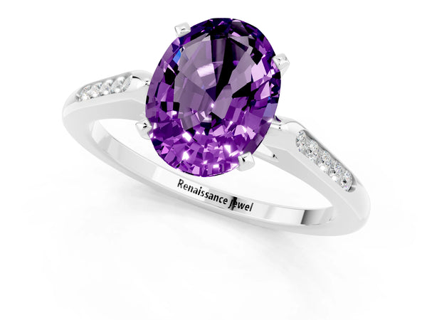 Silver Oval Cut Amethyst Solitaire Ring with Channel Set Round Band and Prong Setting