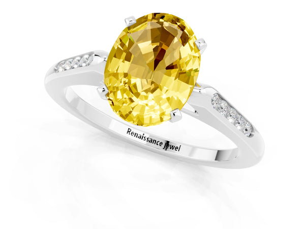 Platinum Oval Cut Yellow Sapphire Solitaire Ring with Channel Set Round Band and Prong Setting