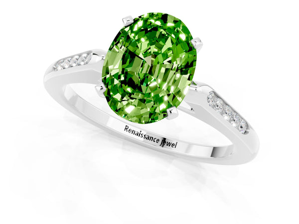 Platinum Oval Cut Peridot Solitaire Ring with Channel Set Round Band and Prong Setting