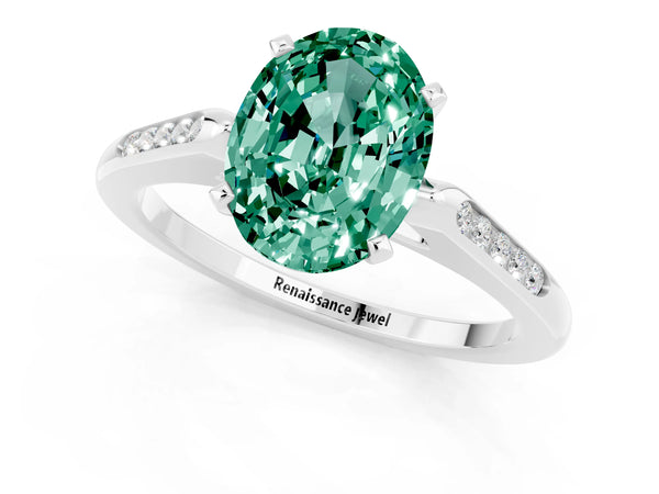White gold Oval Cut Green Sapphire Solitaire Ring with Channel Set Round Band and Prong Setting