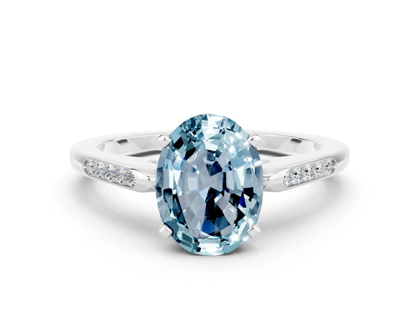 White gold Oval Cut Aquamarine Solitaire Ring with Channel Set Round Band and Prong Setting