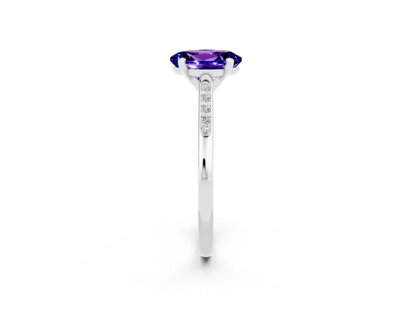 Silver Oval Cut Tanzanite Solitaire Ring with Channel Set Round Band and Prong Setting