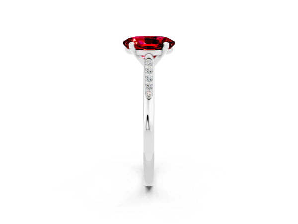 Platinum Oval Cut Ruby Solitaire Ring with Channel Set Round Band and Prong Setting