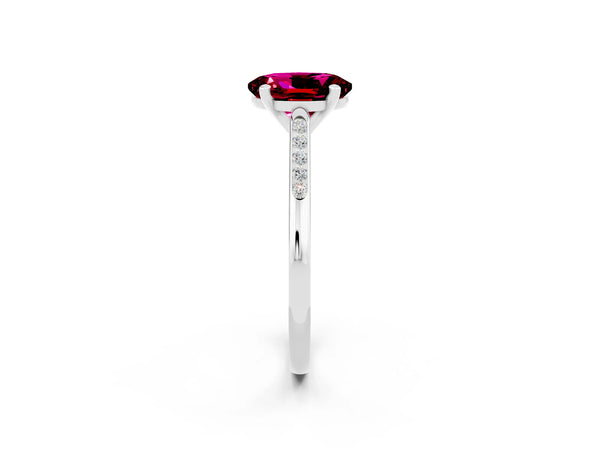Silver Oval Cut Garnet Solitaire Ring with Channel Set Round Band and Prong Setting