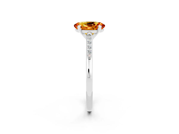 Platinum Oval Cut Citrine Solitaire Ring with Channel Set Round Band and Prong Setting