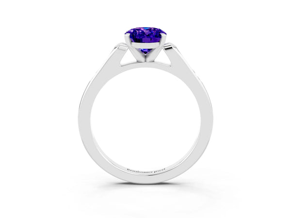 White gold Oval Cut Tanzanite Solitaire Ring with Channel Set Round Band and Prong Setting