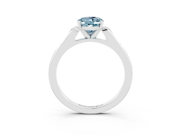 White gold Oval Cut Aquamarine Solitaire Ring with Channel Set Round Band and Prong Setting