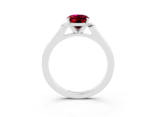 White gold Oval Cut Garnet Solitaire Ring with Channel Set Round Band and Prong Setting