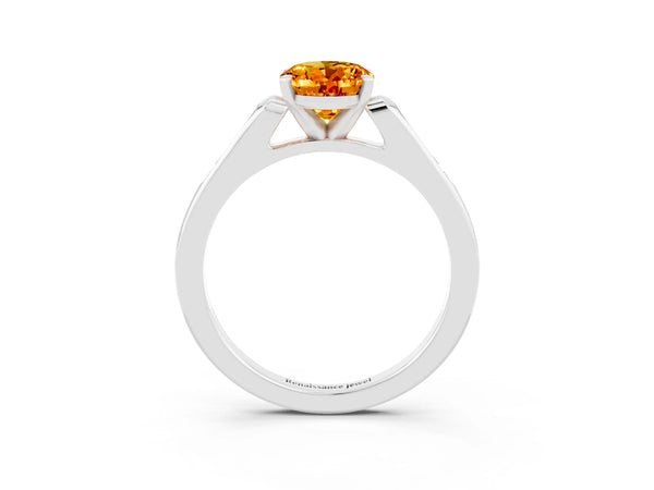 White gold Oval Cut Citrine Solitaire Ring with Channel Set Round Band and Prong Setting