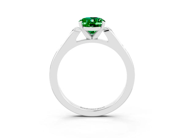 Silver Oval Cut Emerald Solitaire Ring with Channel Set Round Band and Prong Setting