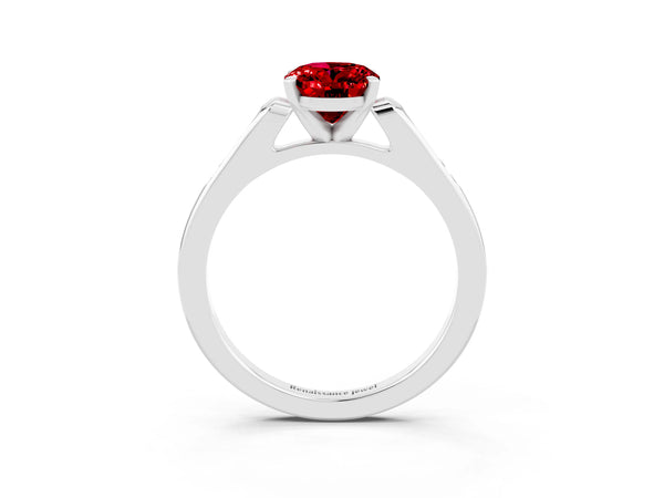White gold Oval Cut Ruby Solitaire Ring with Channel Set Round Band and Prong Setting