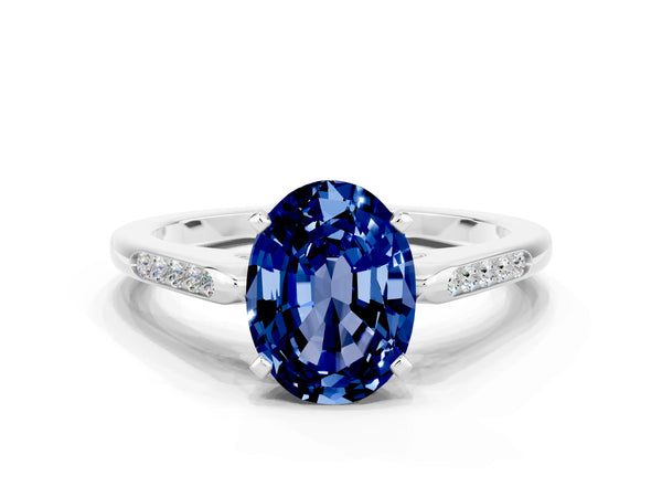 White gold Oval Cut Blue Sapphire Solitaire Ring with Channel Set Round Band and Prong Setting