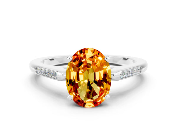 Platinum Oval Cut Citrine Solitaire Ring with Channel Set Round Band and Prong Setting