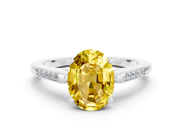 White gold Oval Cut Yellow Sapphire Solitaire Ring with Channel Set Round Band and Prong Setting