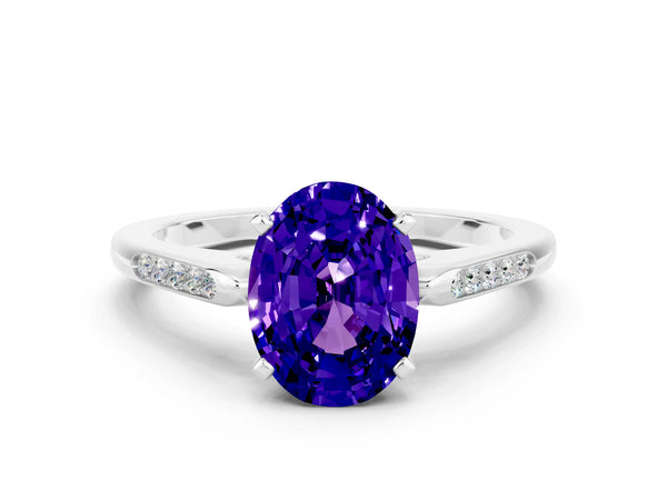 Platinum Oval Cut Tanzanite Solitaire Ring with Channel Set Round Band and Prong Setting
