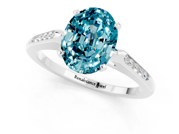 White gold Oval Cut Blue Topaz Solitaire Ring with Channel Set Round Band and Prong Setting
