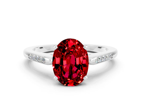 White gold Oval Cut Ruby Solitaire Ring with Channel Set Round Band and Prong Setting