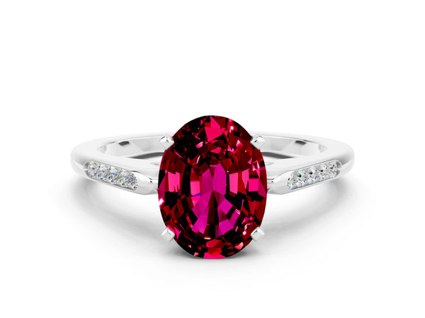 White gold Oval Cut Garnet Solitaire Ring with Channel Set Round Band and Prong Setting