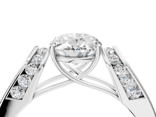 White gold Round Cut Diamond Channel Set Solitaire Ring with Four-Prong Setting