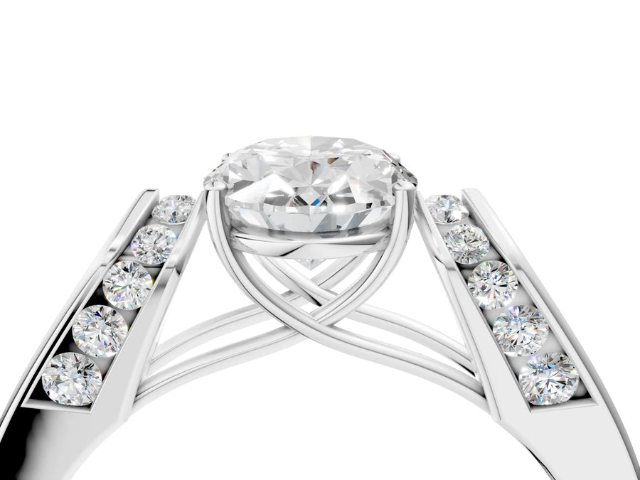 White gold Round Cut Diamond Channel Set Solitaire Ring with Four-Prong Setting