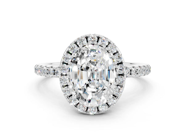 Platinum Oval Cut Moissanite Halo Engagement Ring with Round Pavé Band and Prong Setting
