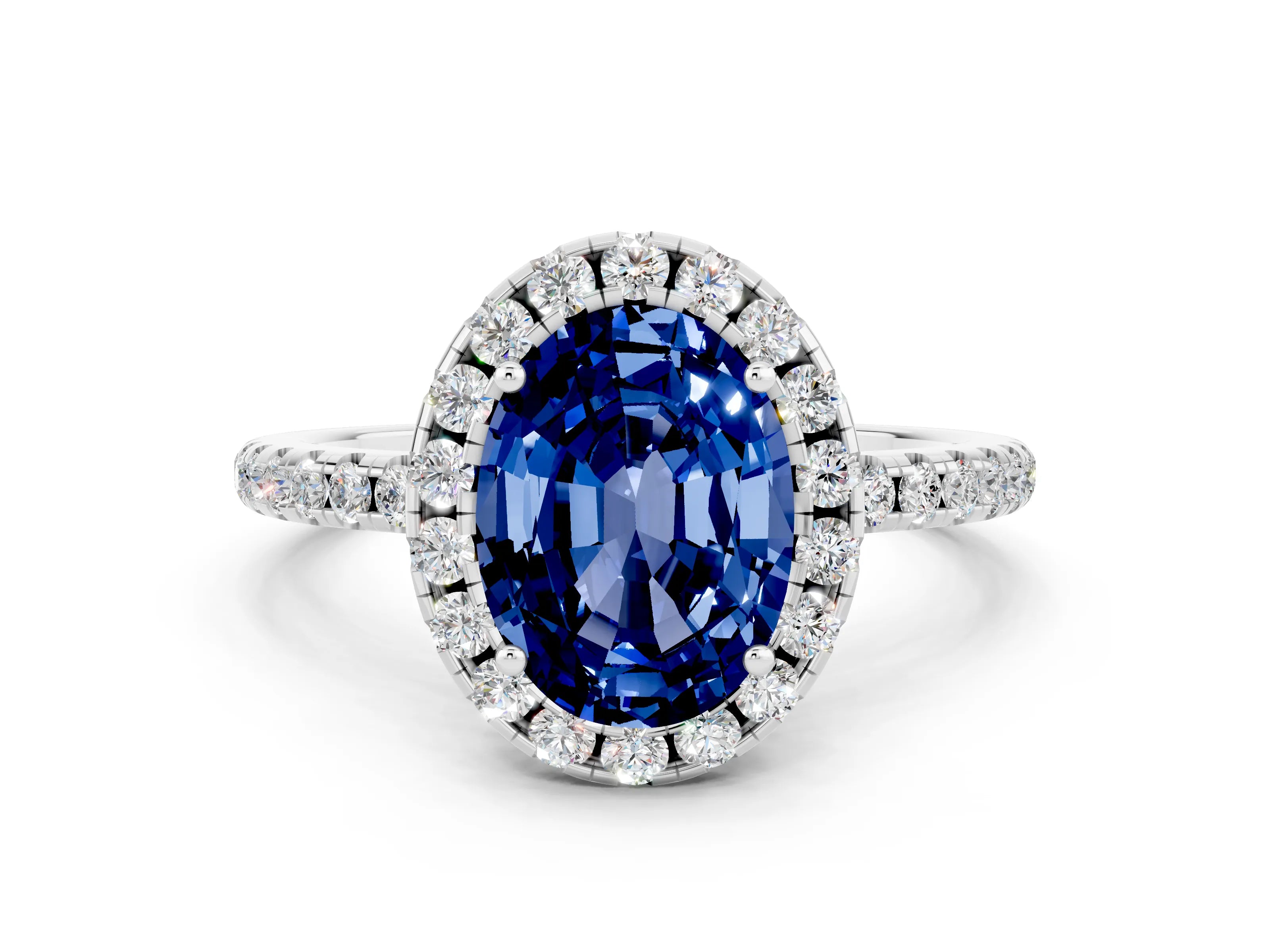 White gold Oval Cut Cut Diamond Floral Halo Engagement Ring with Pavé Band and Prong Setting