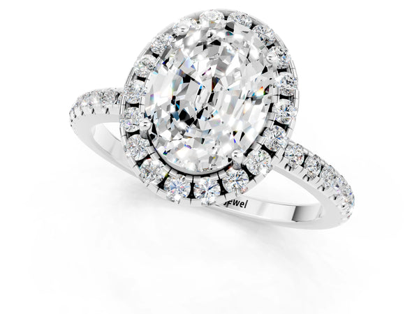Platinum Oval Cut Moissanite Halo Engagement Ring with Round Pavé Band and Prong Setting