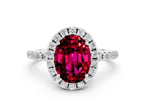 White gold Oval Cut Garnet Halo Engagement Ring with Round Pavé Band and Prong Setting