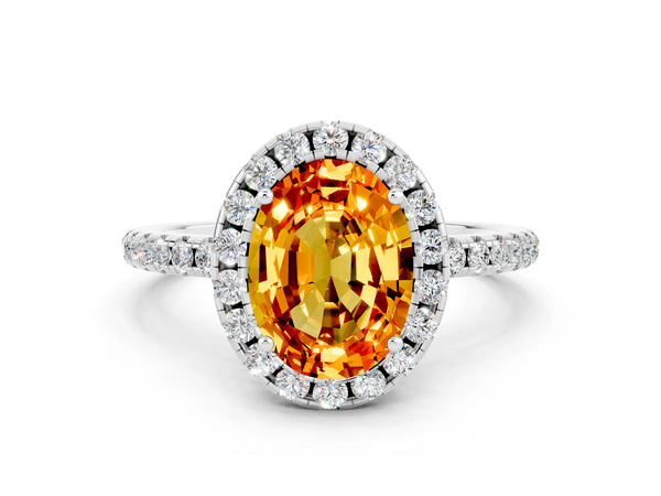 Silver Oval Cut Citrine Halo Engagement Ring with Round Pavé Band and Prong Setting