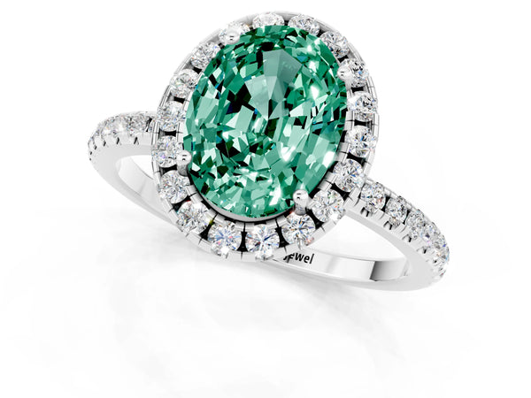 White gold Oval Cut Green Sapphire Halo Engagement Ring with Round Pavé Band and Prong Setting