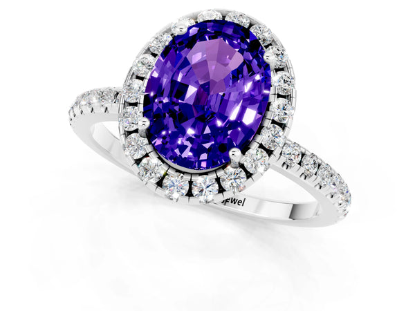 Silver Oval Cut Tanzanite Halo Engagement Ring with Round Pavé Band and Prong Setting