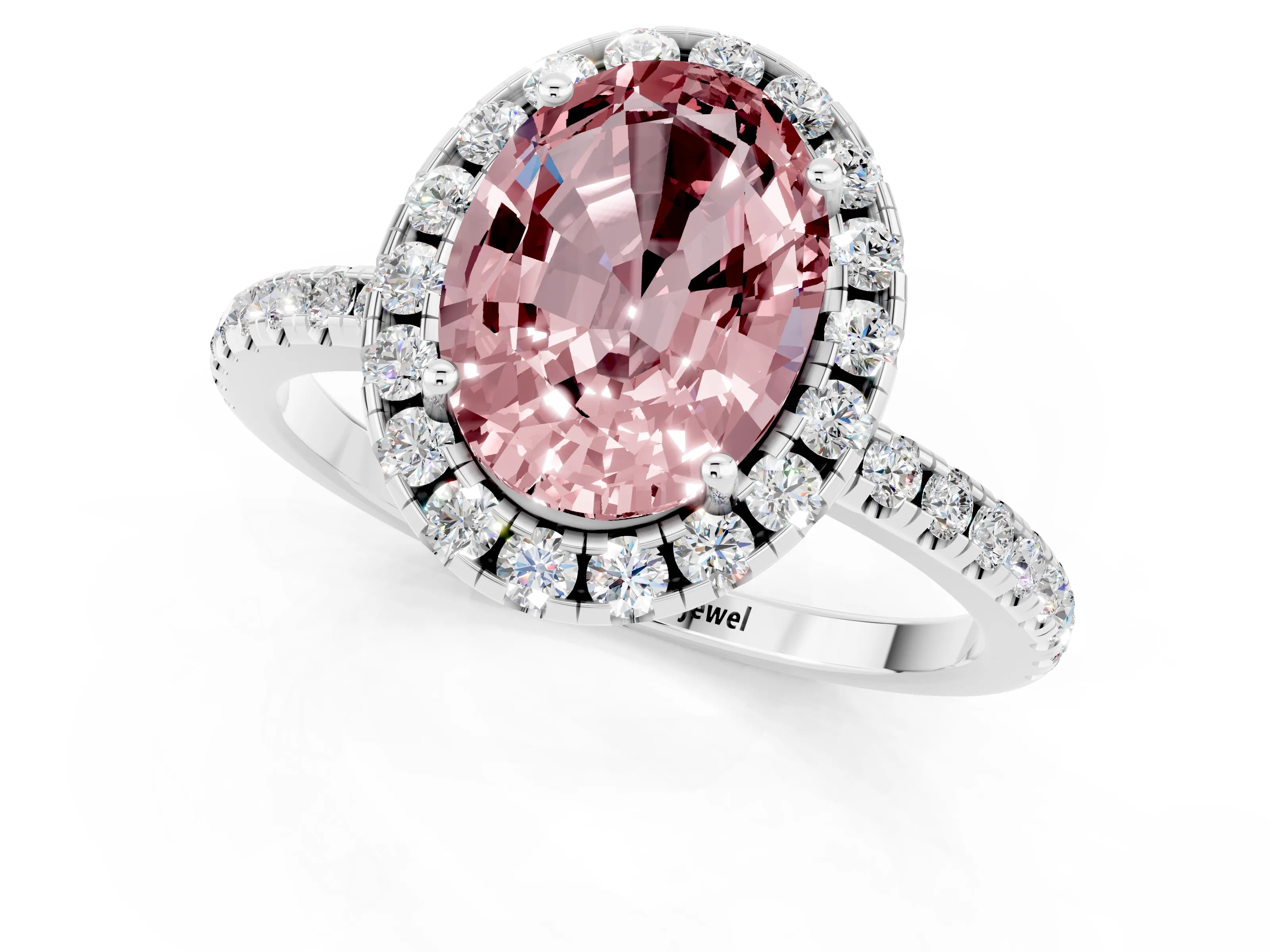 White gold Oval Cut Cut Diamond Floral Halo Engagement Ring with Pavé Band and Prong Setting_1