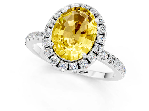 Silver Oval Cut Yellow Sapphire Halo Engagement Ring with Round Pavé Band and Prong Setting