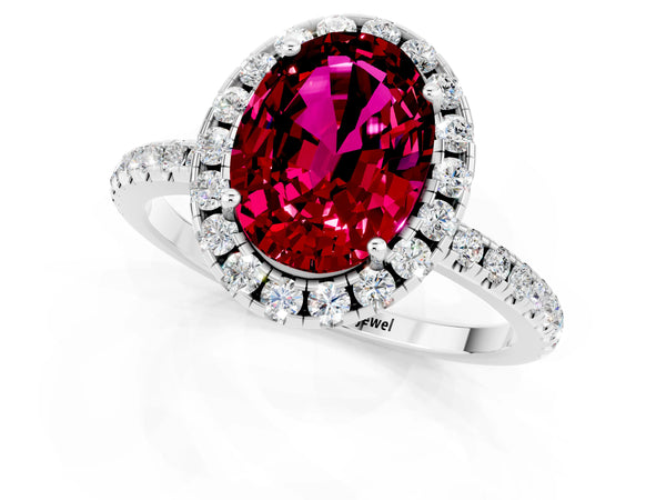 White gold Oval Cut Garnet Halo Engagement Ring with Round Pavé Band and Prong Setting