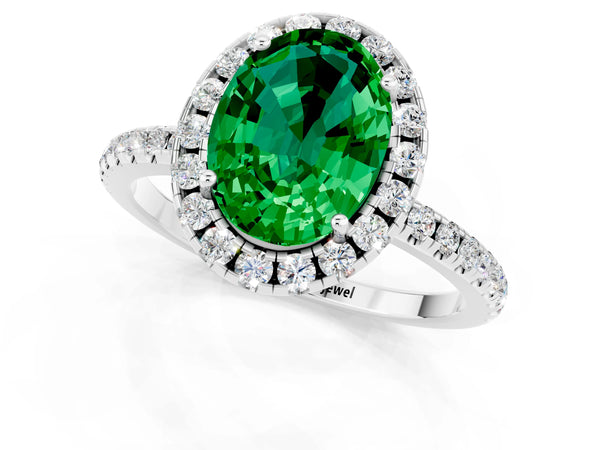 Silver Oval Cut Emerald Halo Engagement Ring with Round Pavé Band and Prong Setting