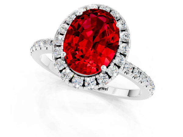 White gold Oval Cut Cut Diamond Floral Halo Engagement Ring with Pavé Band and Prong Setting