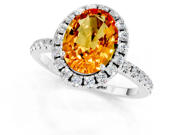 Silver Oval Cut Citrine Halo Engagement Ring with Round Pavé Band and Prong Setting