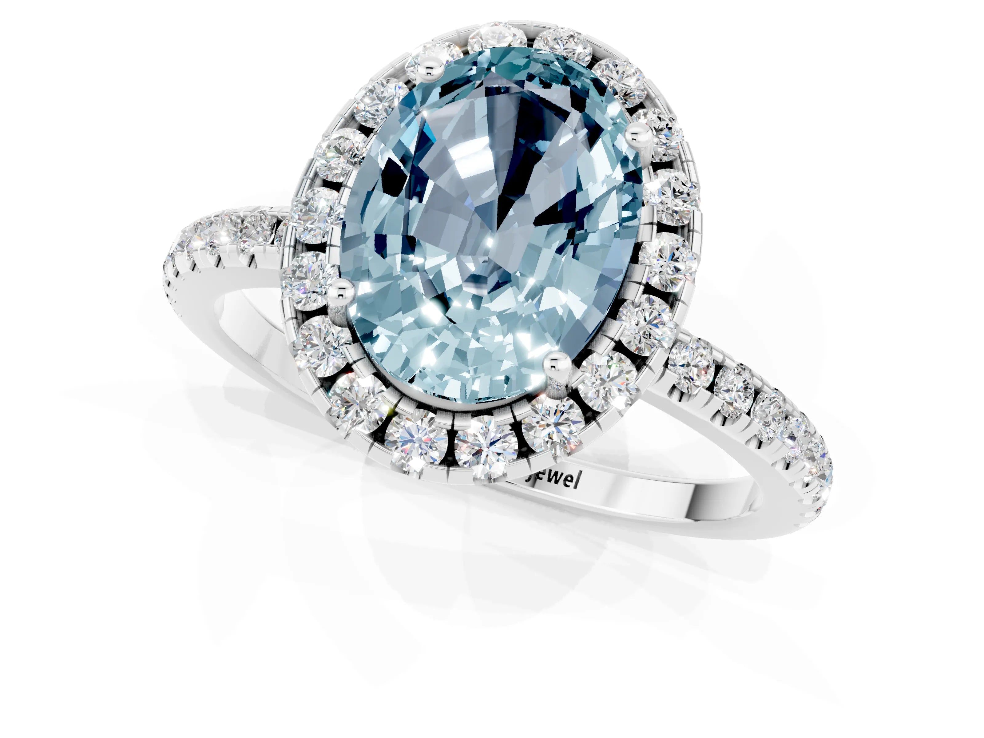 White gold Oval Cut Cut Diamond Floral Halo Engagement Ring with Pavé Band and Prong Setting_1