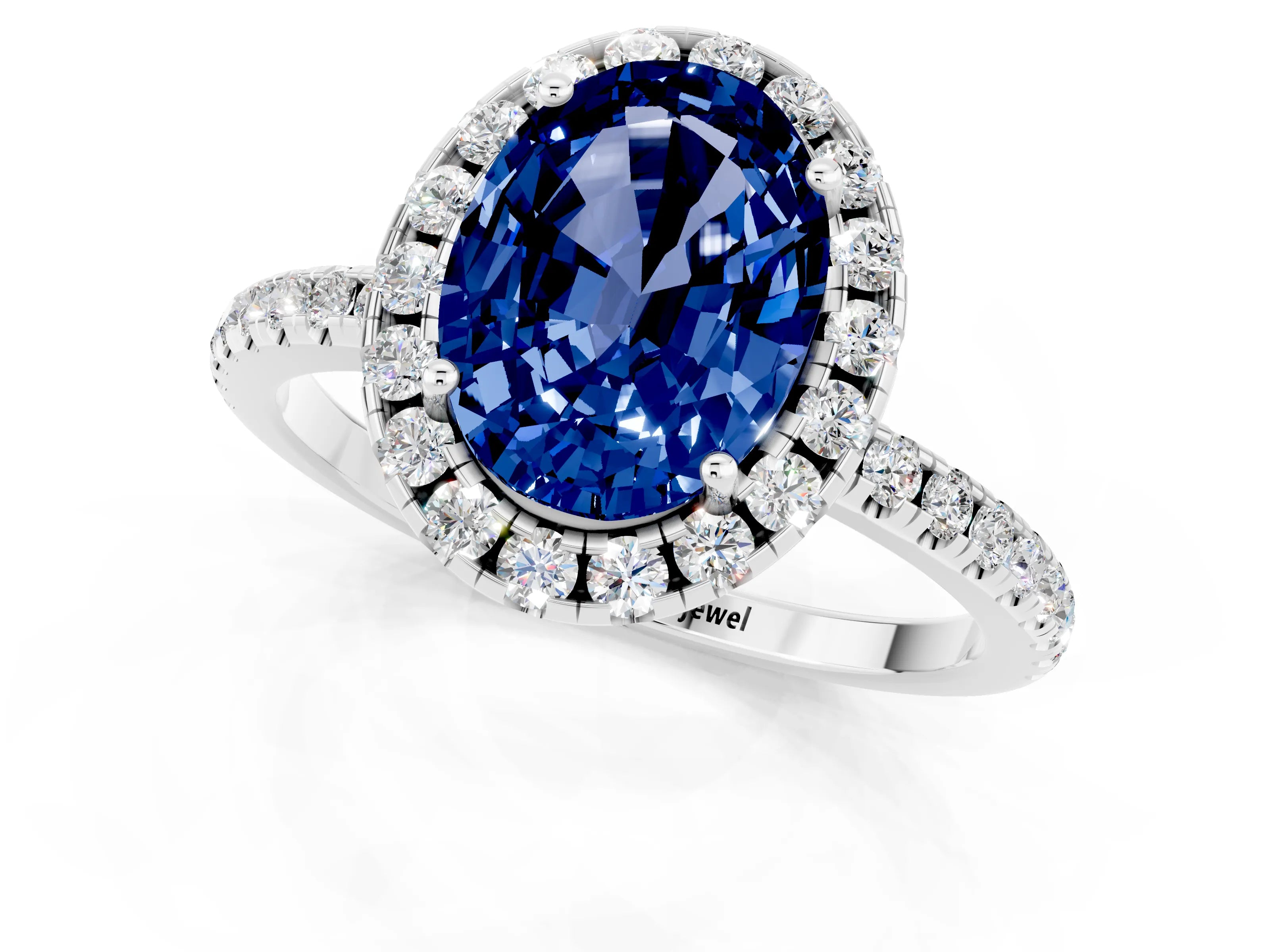 White gold Oval Cut Cut Diamond Floral Halo Engagement Ring with Pavé Band and Prong Setting_1