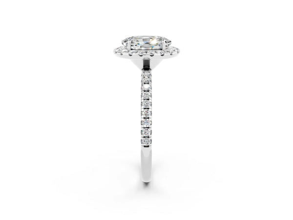 Platinum Oval Cut Moissanite Halo Engagement Ring with Round Pavé Band and Prong Setting