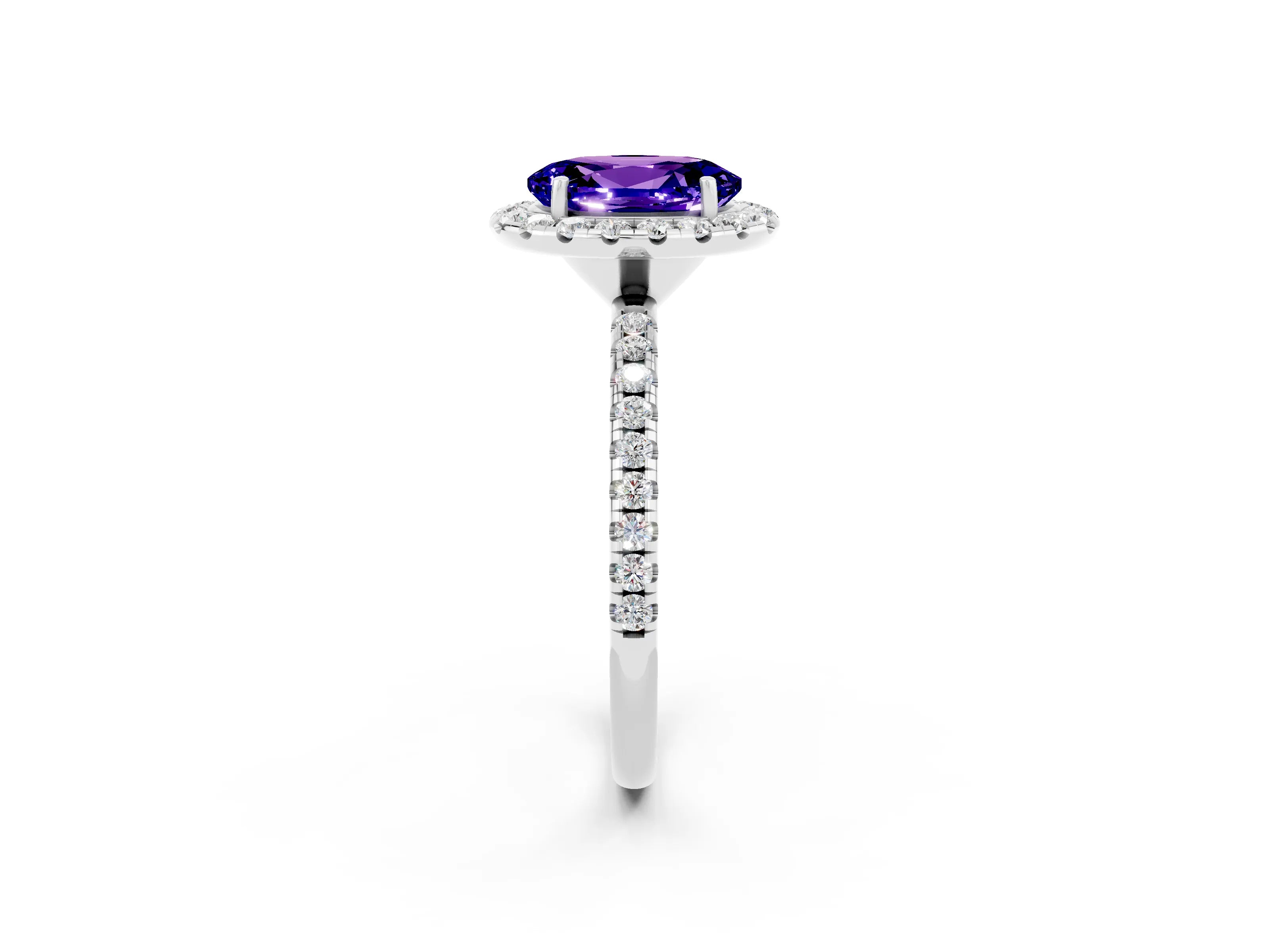 White gold Oval Cut Cut Diamond Floral Halo Engagement Ring with Pavé Band and Prong Setting_2