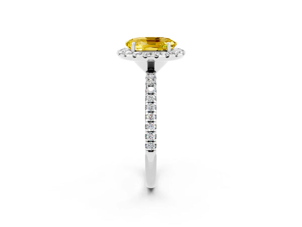 Silver Oval Cut Yellow Sapphire Halo Engagement Ring with Round Pavé Band and Prong Setting