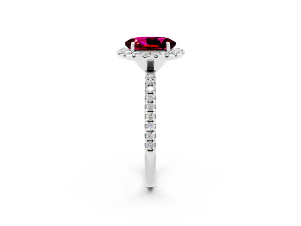 White gold Oval Cut Garnet Halo Engagement Ring with Round Pavé Band and Prong Setting